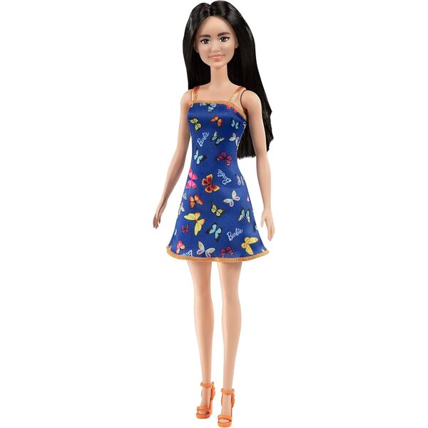 Barbie elegante bruna con vestito blu a farfalle e tacchi alla moda