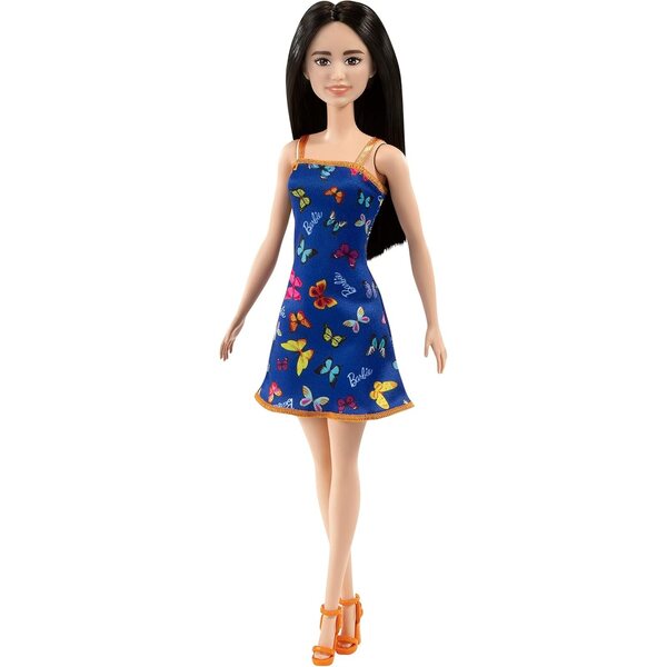 Barbie elegante bruna con vestito blu a farfalle e tacchi alla moda