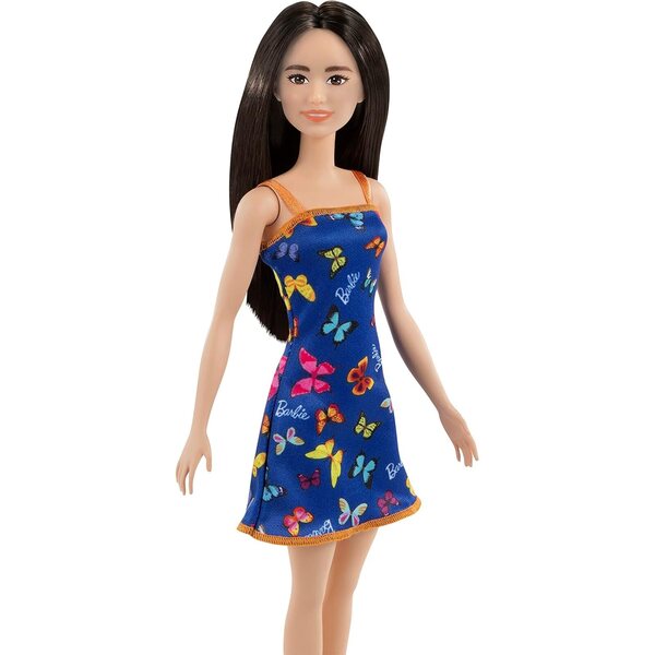 Barbie elegante bruna con vestito blu a farfalle e tacchi alla moda