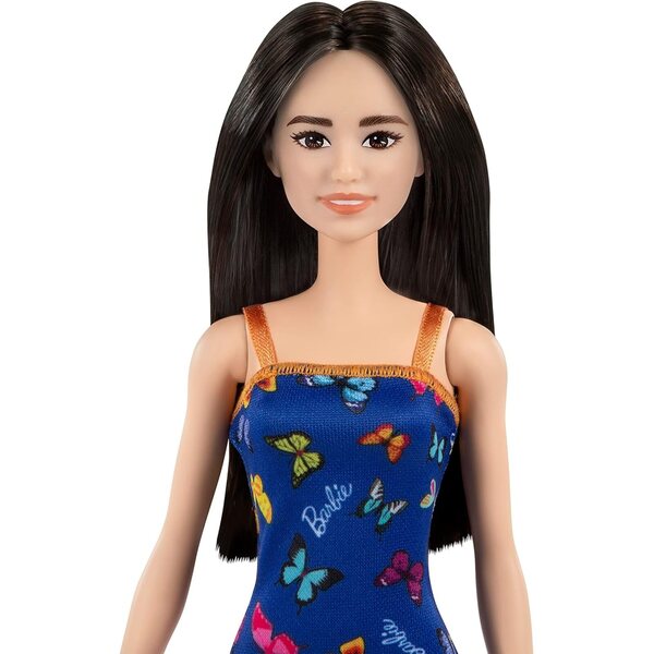 Barbie elegante bruna con vestito blu a farfalle e tacchi alla moda