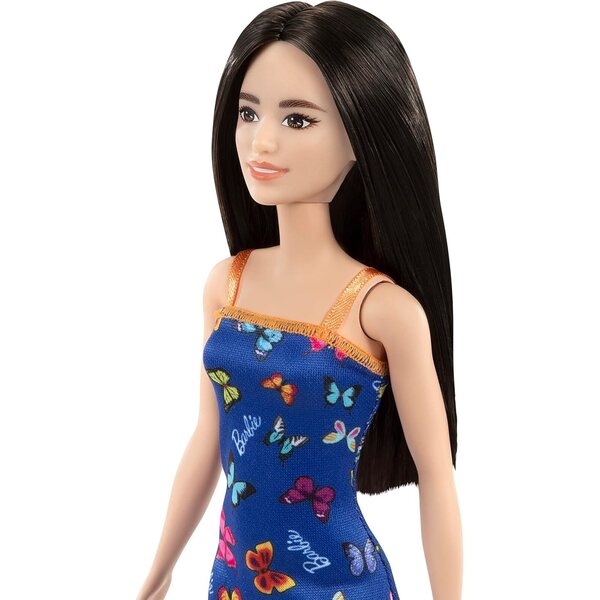 Barbie elegante bruna con vestito blu a farfalle e tacchi alla moda