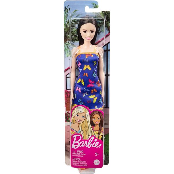 Barbie elegante bruna con vestito blu a farfalle e tacchi alla moda