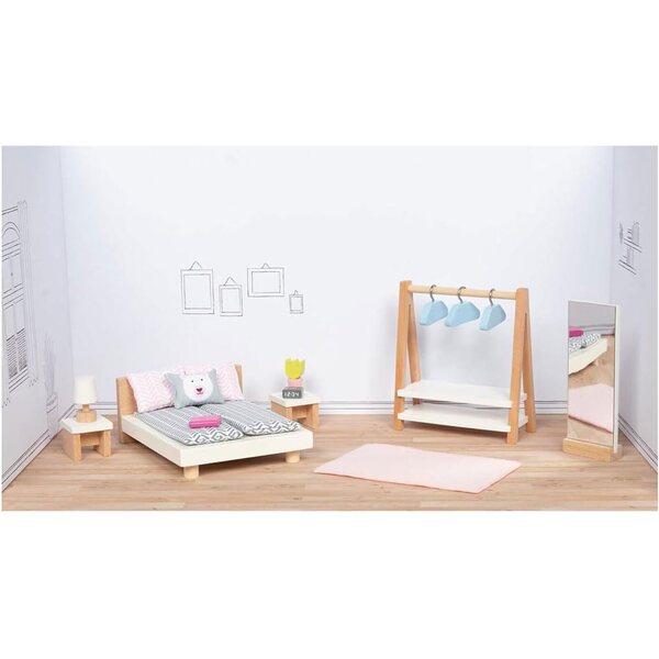 Goki Schlafzimmermöbel-Set für Puppen aus Holz und Stoff, 18-teilig
