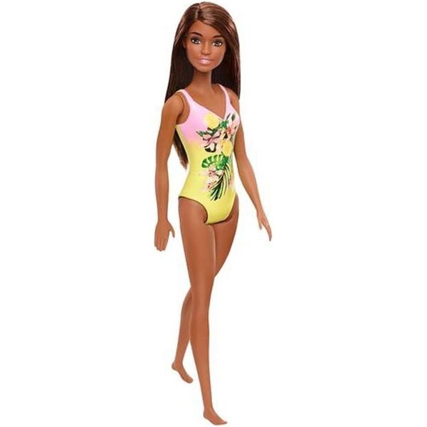 Barbie Plage mit braunen Haaren und rosa-gelb gemustertem Kostüm, Spiel für Kinder