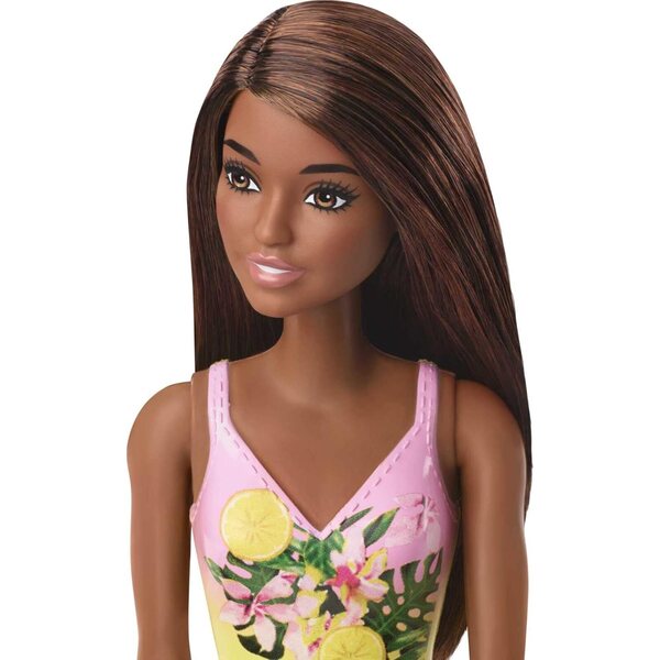 Barbie Plage mit braunen Haaren und rosa-gelb gemustertem Kostüm, Spiel für Kinder