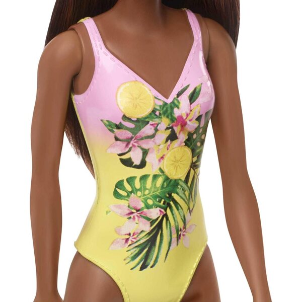 Barbie Plage mit braunen Haaren und rosa-gelb gemustertem Kostüm, Spiel für Kinder