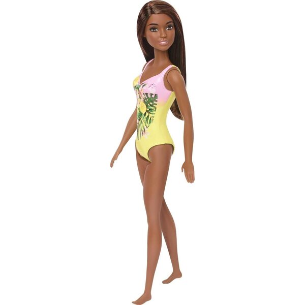 Barbie Plage mit braunen Haaren und rosa-gelb gemustertem Kostüm, Spiel für Kinder