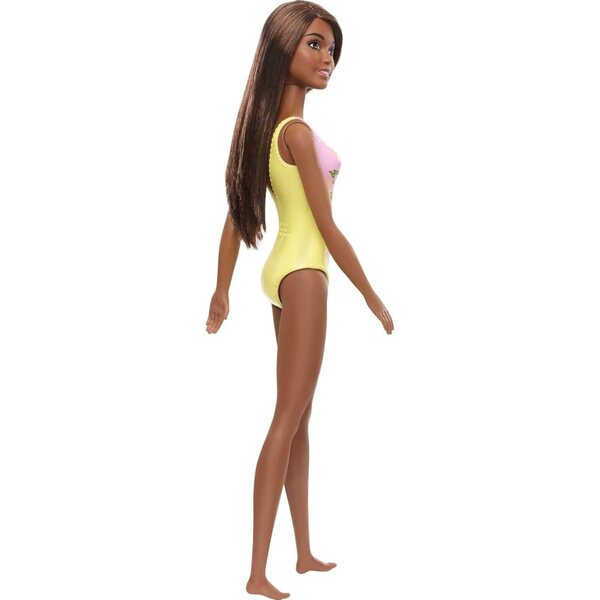 Barbie Plage mit braunen Haaren und rosa-gelb gemustertem Kostüm, Spiel für Kinder