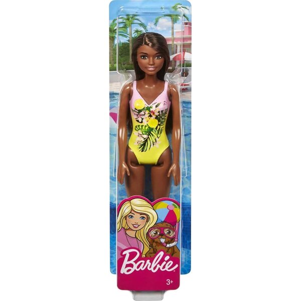 Barbie Plage mit braunen Haaren und rosa-gelb gemustertem Kostüm, Spiel für Kinder