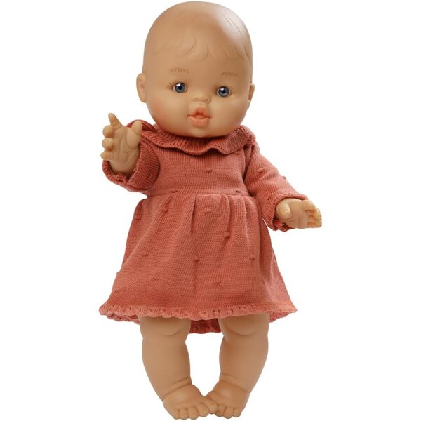 34 cm große Heless-Mädchenpuppe aus Bio-Baumwolle, pfirsichfarbenes Strickkleid, bewegliche Arme und Beine