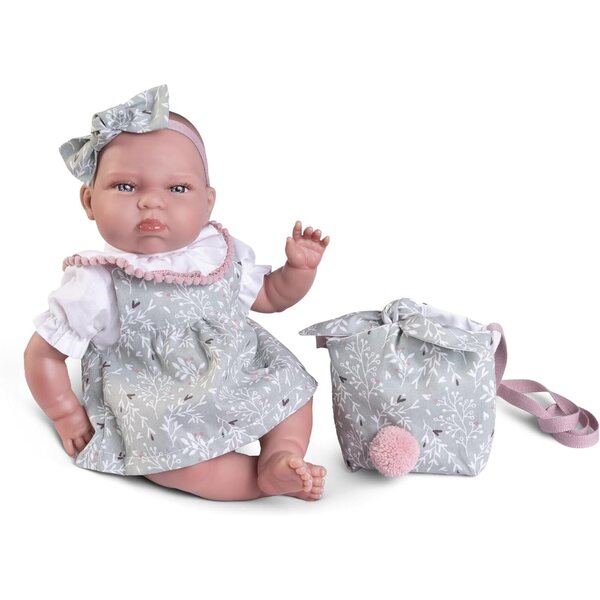Wiedergeborene Tufi-Puppe 33 cm – Grünes Kleid, Tasche, Familienbuch – Kollektion 2024