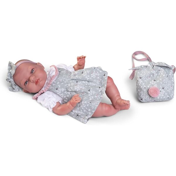 Wiedergeborene Tufi-Puppe 33 cm – Grünes Kleid, Tasche, Familienbuch – Kollektion 2024