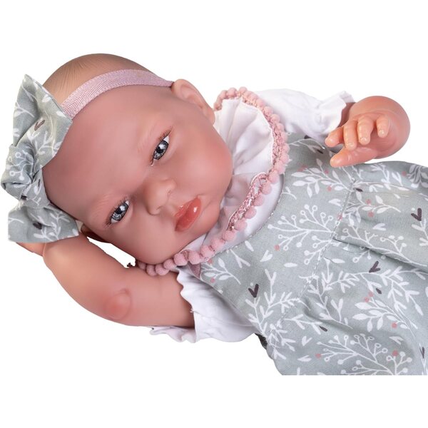 Wiedergeborene Tufi-Puppe 33 cm – Grünes Kleid, Tasche, Familienbuch – Kollektion 2024