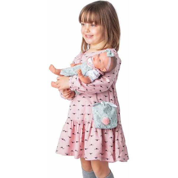 Wiedergeborene Tufi-Puppe 33 cm – Grünes Kleid, Tasche, Familienbuch – Kollektion 2024