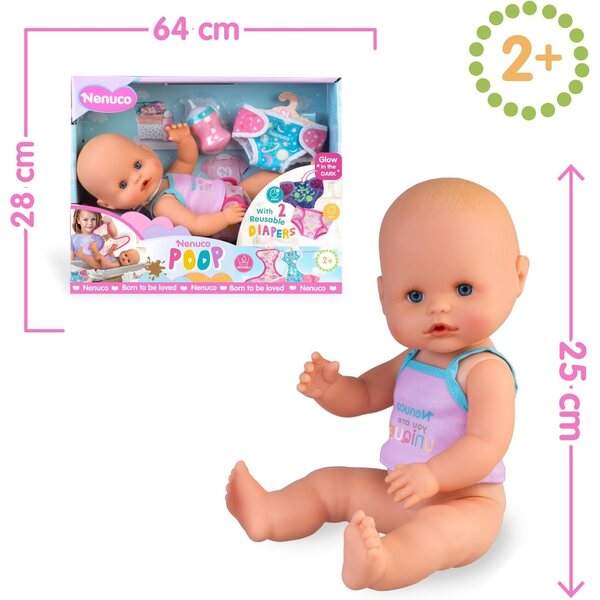 Nenuco 35 cm große Puppe, die richtig kackt, mit Flasche und 2 waschbaren Windeln