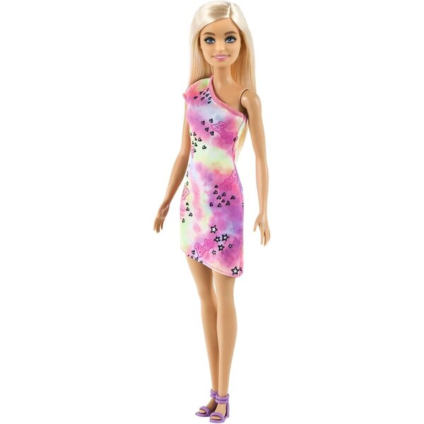 Blonde Mattel Barbie mit bunten Blumenkleidern und modischen Schuhen
