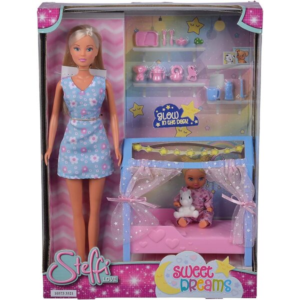 Simba Steffi Love Sweet Dreams Puppen mit Baby und Kinderbett 12 Stück 29 cm mit Nachtlicht