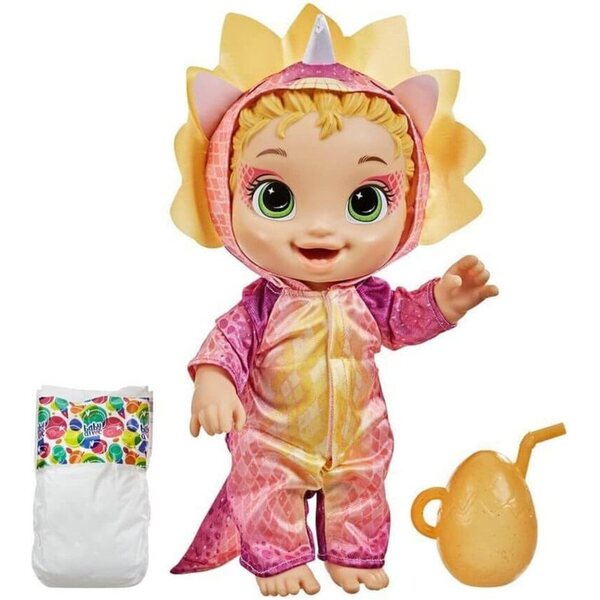 Baby Alive Dino Cuties Tricératops-Puppen mit Dinosaurier-Zubehör und Flaschen
