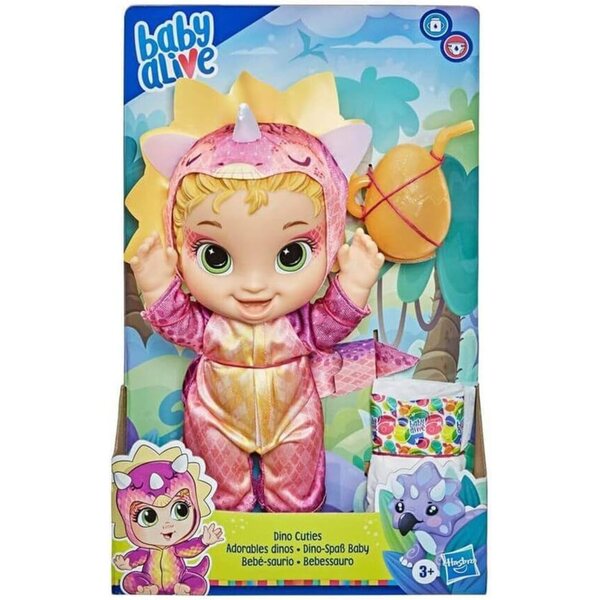 Baby Alive Dino Cuties Tricératops-Puppen mit Dinosaurier-Zubehör und Flaschen