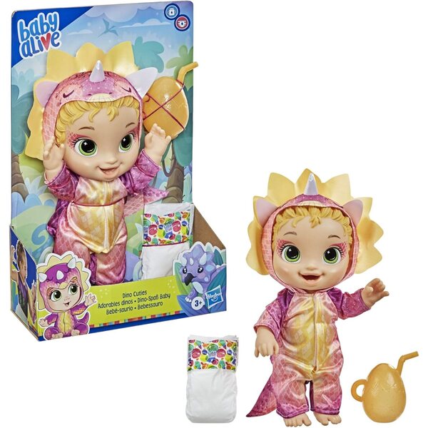 Baby Alive Dino Cuties Tricératops-Puppen mit Dinosaurier-Zubehör und Flaschen