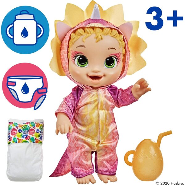 Baby Alive Dino Cuties Tricératops-Puppen mit Dinosaurier-Zubehör und Flaschen