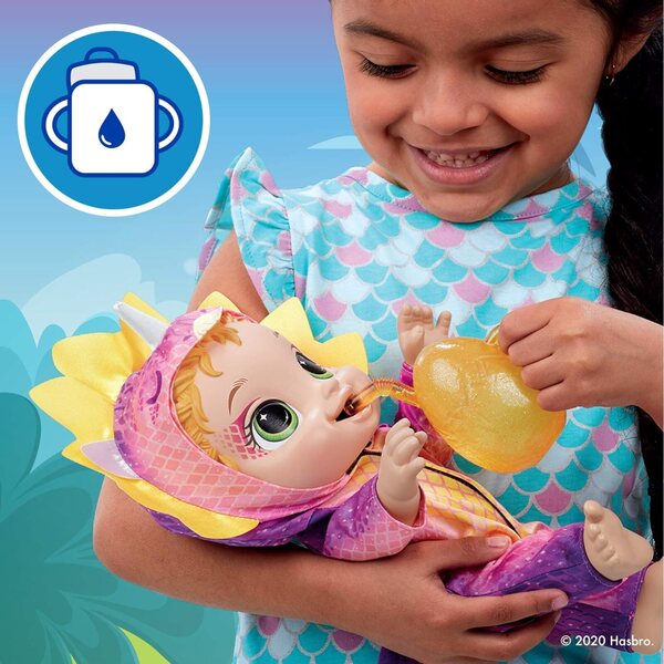 Baby Alive Dino Cuties Tricératops-Puppen mit Dinosaurier-Zubehör und Flaschen