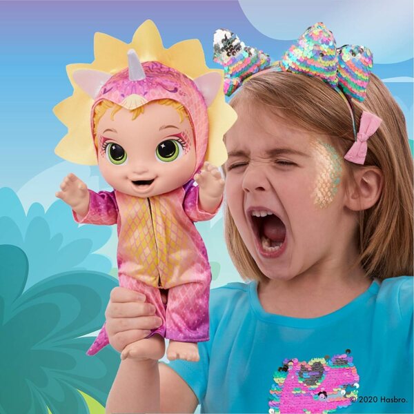 Baby Alive Dino Cuties Tricératops-Puppen mit Dinosaurier-Zubehör und Flaschen