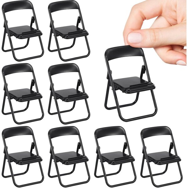 Set 12 Mini Sedie Pieghevoli Nere in Plastica per Casa delle Bambole e Oggetti Scenici