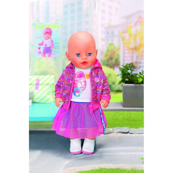 BABY born City Deluxe Style 43 cm – Rosa Glitzerkleid und weißes Oberteil mit Entenprint