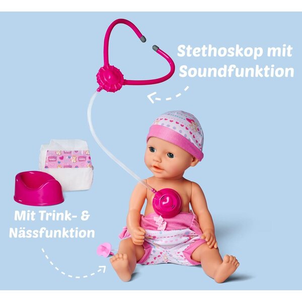 Simba New Born Baby 38 cm Puppen mit Trink- und Pinkelfunktion und Sound Doctor Zubehör