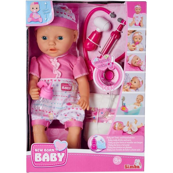 Simba New Born Baby 38 cm Puppen mit Trink- und Pinkelfunktion und Sound Doctor Zubehör