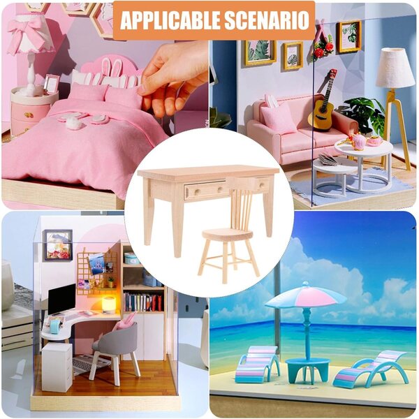 Set Mobili Miniatura in Legno per Casa delle Bambole: Tavolo e Sedia Compatti
