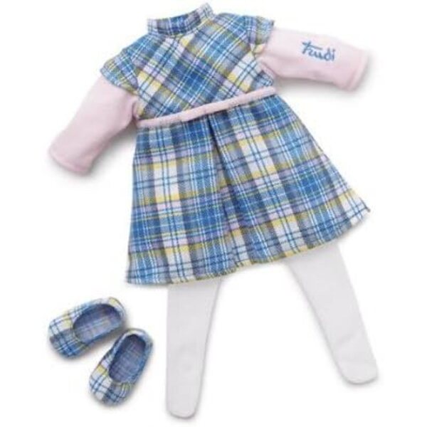 Schottisches blaues Kleid für 38 cm große Trudi-Puppe mit Strumpfhosen und Ballerinas