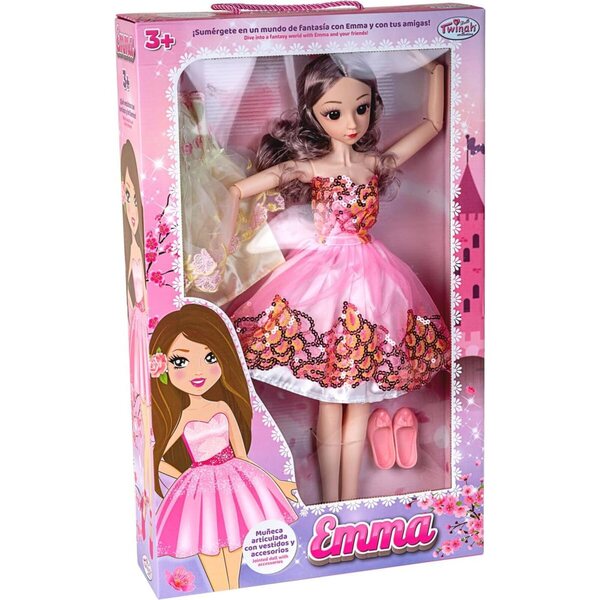 Emma Gelenkpuppe 56 cm Rosa mit 2 rosa Kleidern und Schuhen