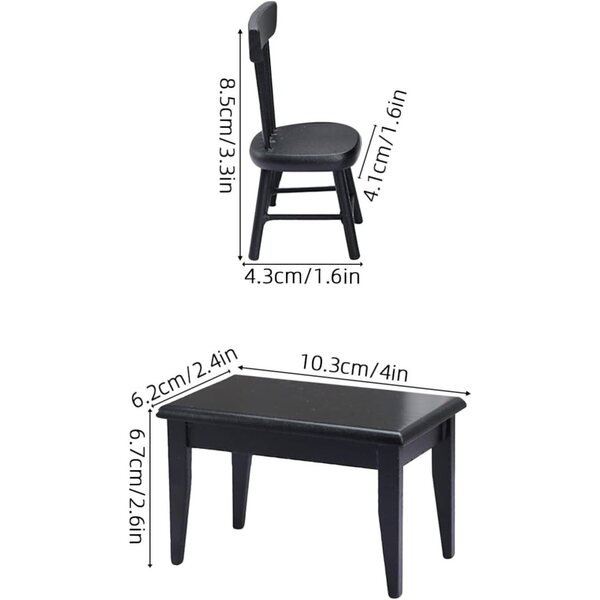 ifundom Set Mini Tavolo e 4 Sedie Nere in Legno per Casa delle Bambole e Giardino