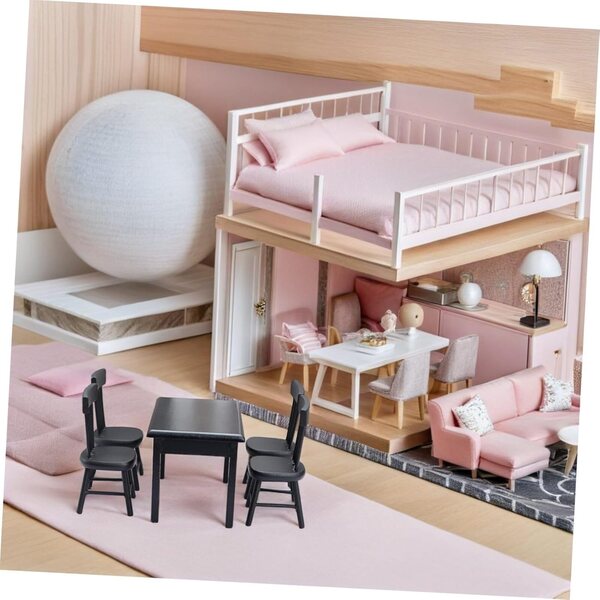 ifundom Set Mini Tavolo e 4 Sedie Nere in Legno per Casa delle Bambole e Giardino