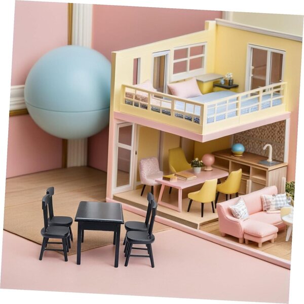 ifundom Set Mini Tavolo e 4 Sedie Nere in Legno per Casa delle Bambole e Giardino