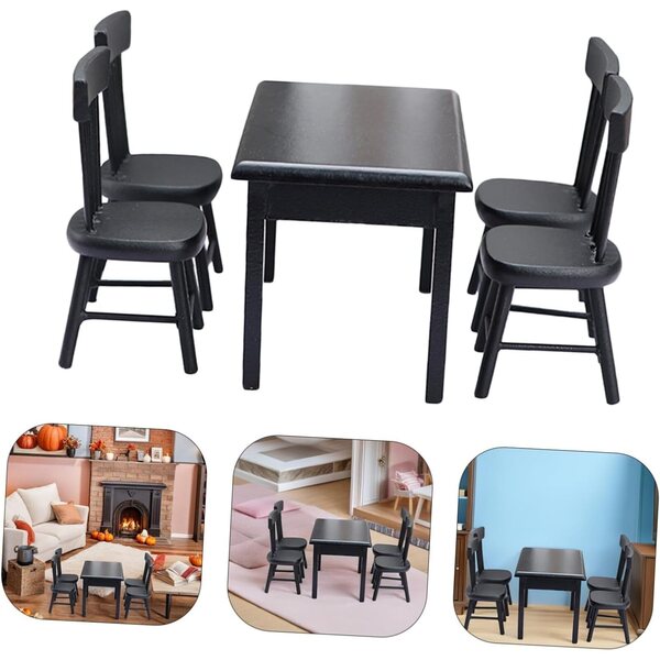 ifundom Set Mini Tavolo e 4 Sedie Nere in Legno per Casa delle Bambole e Giardino