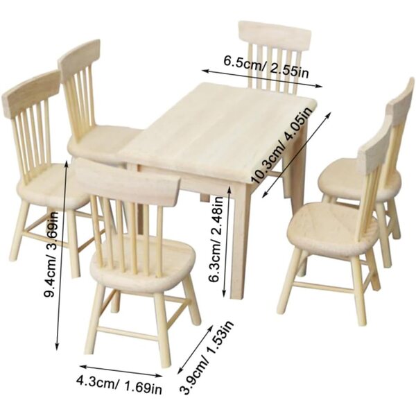 Set 12 Mini Mobili in Legno: Tavolo e 6 Sedie Miniatura per Casa delle Bambole 1:12