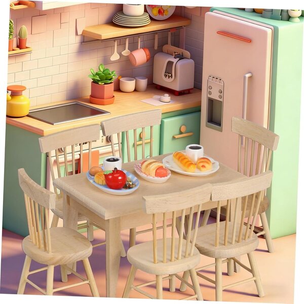 Set 12 Mini Mobili in Legno: Tavolo e 6 Sedie Miniatura per Casa delle Bambole 1:12