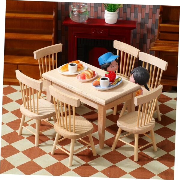 Set 12 Mini Mobili in Legno: Tavolo e 6 Sedie Miniatura per Casa delle Bambole 1:12