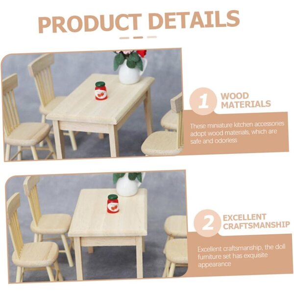Set 12 Mini Mobili in Legno: Tavolo e 6 Sedie Miniatura per Casa delle Bambole 1:12