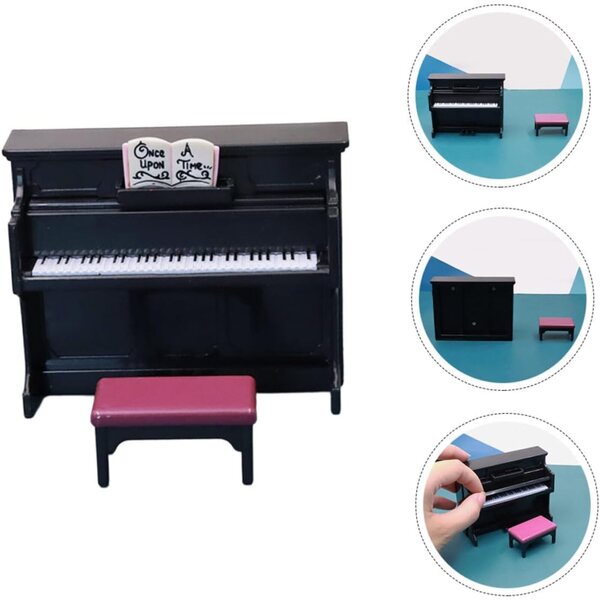 Alasum Mini Pianoforte Decorativo con Sgabello in Plastica Nera per Casa delle Bambole