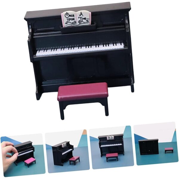 Alasum Mini Pianoforte Decorativo con Sgabello in Plastica Nera per Casa delle Bambole