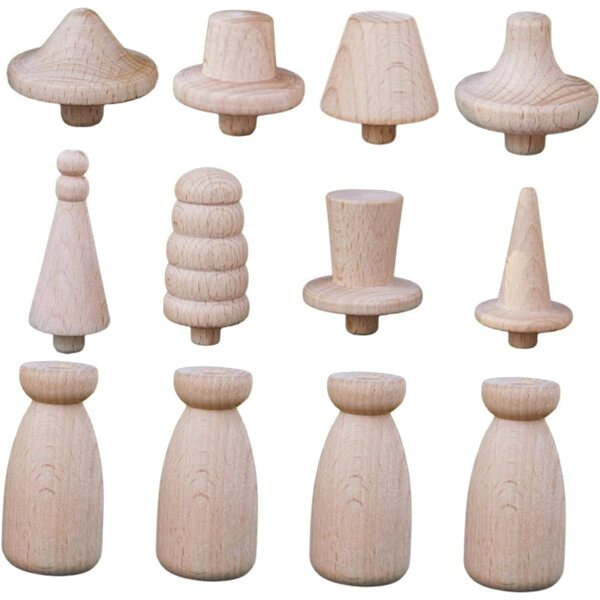 NUOBESTY Set di bambole con mollette in legno verniciabili fai-da-te - 4 bambole e 8 cappelli, decorazione creativa