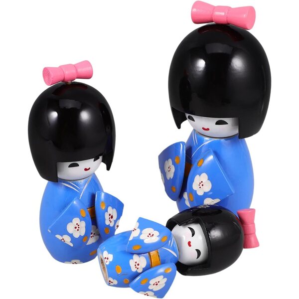 IMIKEYA Set 3 Statuette bambole Kimono Giapponese in Legno per Decorazione Scrivania