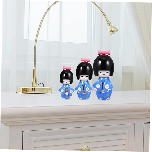 IMIKEYA Set 3 Statuette bambole Kimono Giapponese in Legno per Decorazione Scrivania