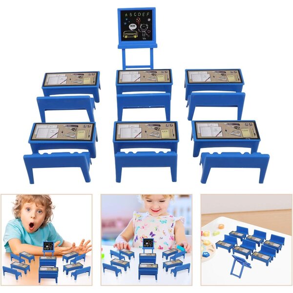 Set Mobili Mini Aula 13 Pezzi Plastica Sicura per Bambole Tavolo Sedia Lavagna