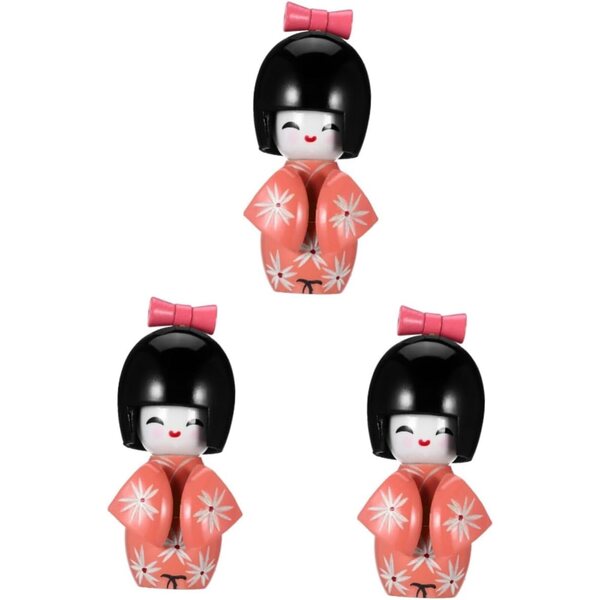 Amosfun Set mit 3 japanischen Kimono-Puppen aus Holz, rosa Dekoration für Schreibtisch und Tisch