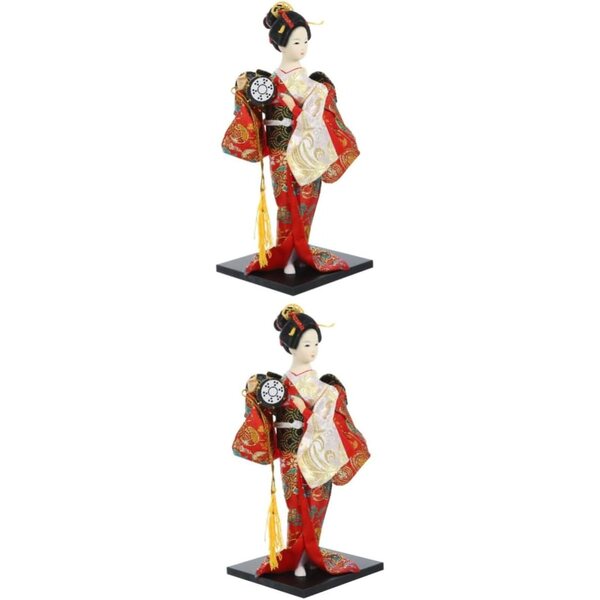 Set 2 Bambole Kimono Giapponesi in Tessuto e ABS per Decorazione Casa e Ristoranti